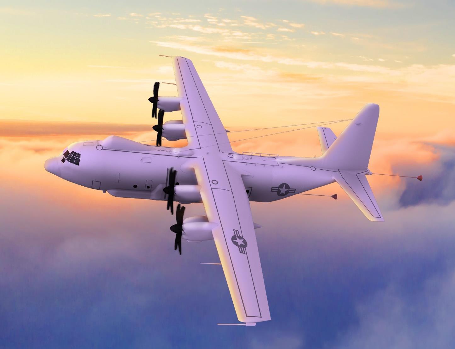 Artist rendering of a four propeller airplane in a sunset sky