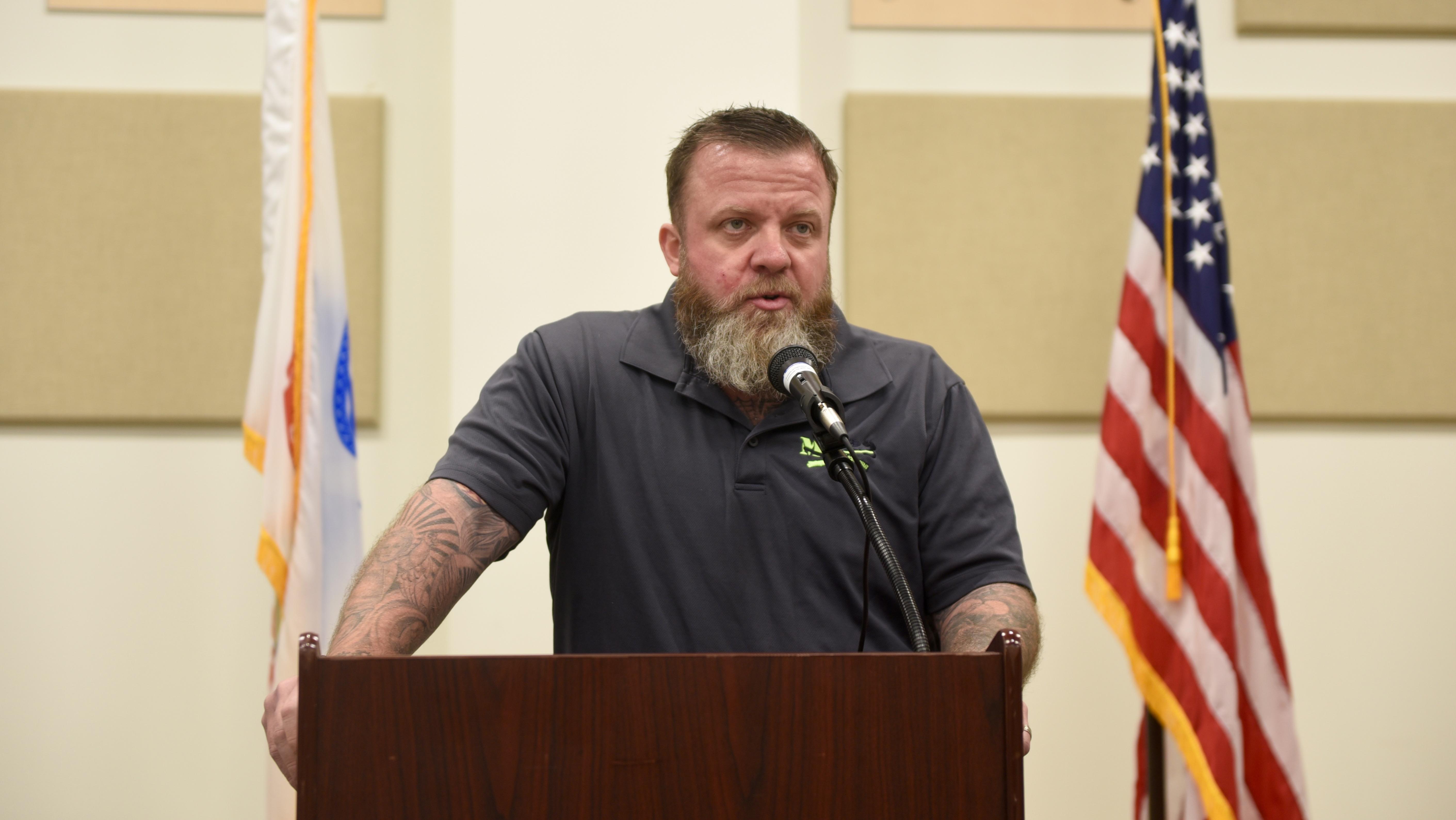 Dennis Addesso, President of veterans organization Ma Deuce Deuce, speaks at a Veterans luncheon held at NAWCAD Lakehurst