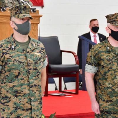 Col. Vasilios E. Pappas, left, and Col. David C. Walsh, right, following the transfer of leadership of PMA-276