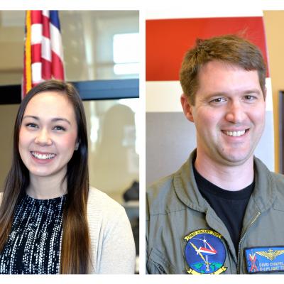 VX-20 team lead Audrey Keller, left, and lead project officer Lt. David “Sling Blade” Chapelle shared the honors with the other members of the E-2D Aerial Refueling Integrated Test Team, which received a NAWCAD Commander’s Team Award for 2019.