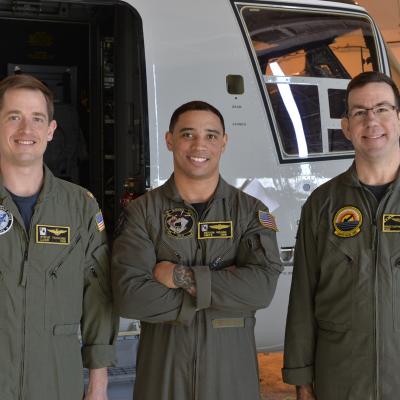 LCDR Steve “Sanchez” Tschanz, left, Naval Aircrewman (Mechanical) 1st Class Devon Heard, and CDR Kristopher “Junk” Carter crewed the first cross-country flight of the Navy’s new Carrier Onboard Delivery (COD) variant of the V-22 Osprey from Amarillo, Texas, to NAS Patuxent River in February.