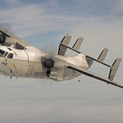 VX-20’s C-2A Greyhound, BuNo 162142, is shown on its last flight, which took place last month. “It’s one of those airplanes that you can just count on,” said CDR Matthew “Cupcake” Tharp, VX-20’s commanding officer. “When we needed it, it came through for us.” (U.S. Navy photo by Erik Hildebrandt)