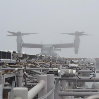 Poor visibility prevented flight test operations for the first few days of Air Test and Evaluation Squadron (HX) 21’s detachment aboard the USS Wasp (LHD 1) in late May and early June to conduct a series of test flights intended to demonstrate the efficacy of a new flight control response for shipboard operations by MV-22 Osprey. (U.S. Navy photo by Eric Hayden)