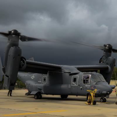 Air Commandos with the 801st Special Operations Aircraft Maintenance Squadron accept delivery of a new CV-22b Osprey tiltrotor aircraft at Hurlburt Field, Florida, Jun. 2, 2020. The 801st SOAMXS helps keep Ospreys ready to execute infiltration, exfiltration, and resupply missions worldwide. (U.S. Air Force photo by Airman 1st Class Nathan LeVang)