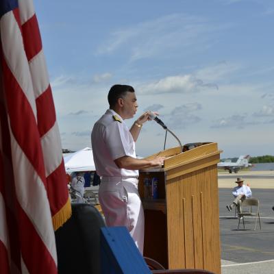Rear Adm. John S. Lemmon, Commander of the Naval Air Warfare Center Aircraft Division and Assistant Commander for Research and Engineering at Naval Air Systems Command, offers remarks during a graduation ceremony for U.S. Naval Test Pilot School Class 157 June 5, 2020 at NAS Patuxent River. (U.S. Navy photo)