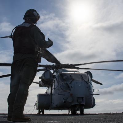 A CH-53K King Stallion belonging to Air Test and Evaluation Squadron (HX) 21 participates in recent sea trials aboard the USS Wasp (LHD 1). (U.S. Navy photo by PO2 Eric Shorter)