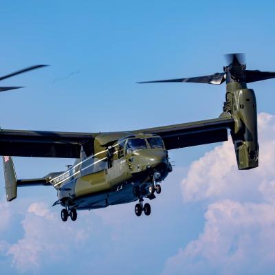 An MV-22 Osprey attached to Marine Helicopter Squadron (HMX) 1 flies near the amphibious transport dock ship USS New York (LPD 21) on July 14, 2020. (U.S. Navy photo by Mass Communication Specialist 2nd Class Lyle Wilkie/Released)