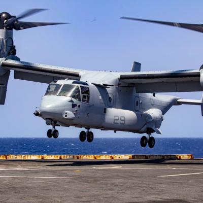 An MV-22 Osprey attached to the Blackjacks of Air Test and Evaluation Squadron (HX) 21 lands on the flight deck of the amphibious transport dock ship USS New York (LPD 21) on July 20, 2020. (U.S. Navy photo by Mass Communication Specialist 2nd Class Lyle Wilkie/Released)
