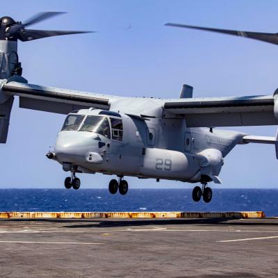 An MV-22 Osprey attached to the Blackjacks of Air Test and Evaluation Squadron (HX) 21 lands on the flight deck of the amphibious transport dock ship USS New York (LPD 21) on July 20, 2020. (U.S. Navy photo)