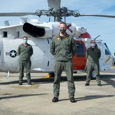 The crew of "Watchdog 765," an MH-60S assigned to Naval Air Station Patuxent River's Station Search and Rescue division, which responded to an aircraft emergency near Wallops Island, Va., this past summer. From left to right: Lt. Samantha Grimes, Lt. Derek Pelletier, HM2 Jacob Tittle, AWS1 Jonathan Smitherman, and AWS2 Jordon Dollen. (U.S. Navy photo)