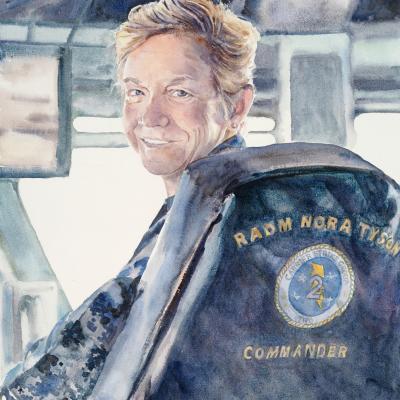 Painting of a woman naval admiral sitting in a a captain's chair on a ship