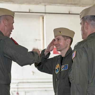 Rear Adm. Joseph Hornbuckle, Capt. Rob Smith, Capt. Jarrod Hair at PMA-209 change of command ceremony