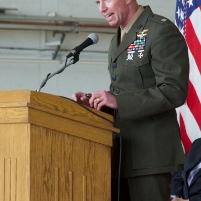 Lt. Col. Rory Feely, Commanding Officer of the U.S. Naval Test Pilot School (UNTPS) offers remarks during the graduation ceremony.