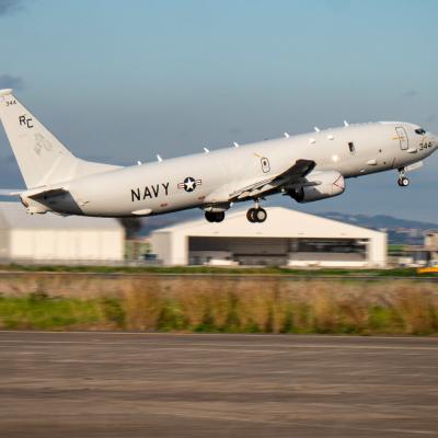  P-8A Poseidon maritime patrol aircraft, assigned to the "Grey Knights" of Patrol Squadron (VP) 46, takes off for its mission, Jan. 23, 2021.
