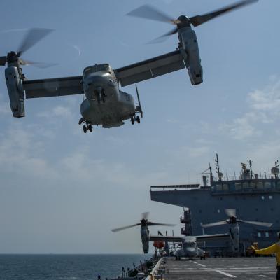 MV-22 Osprey takes off from the flight deck of expeditionary sea base USS Lewis B. Puller