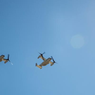 CMV-22B Ospreys, attached to Fleet Logistics Multi-Mission Squadron (VRM) 30, fly over Naval Air Station North Island, California. 