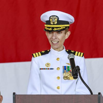 Cmdr. Colette Lazenka addresses the audience after taking command of Air Test and Evaluation Squadron (VX) 30 in Point Mugu, California, on May 12. (U.S. navy photo by Rob Grabendike)