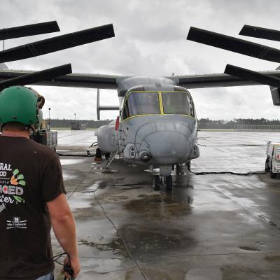 Fleet Readiness Center East (FRCE) artisans ready an MV-22 Osprey for “ground turn” which is an essential operational test of all of the aircraft’s systems and components. This is one of the last major steps that must be accomplished before this aircraft can be determined to be “Safe for Flight.”