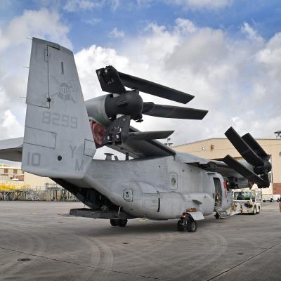 Fleet Readiness Center East (FRCE) artisans transport an MV-22 Osprey in preparation for “ground turn” which is an essential operational test of all of the aircraft’s systems and components. This is one of the last major steps that must be accomplished before this aircraft can be determined to be “Safe for Flight.”