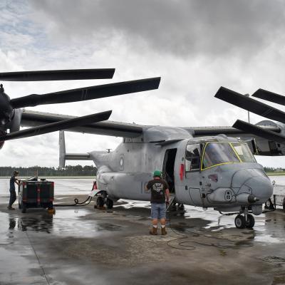 Fleet Readiness Center East (FRCE) artisans ready an MV-22 Osprey for “ground turn” which is an essential operational test of all of the aircraft’s systems and components.