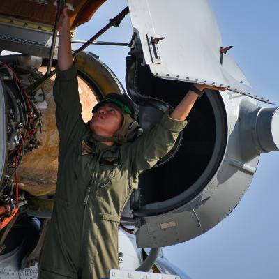 Maj. Brittany Fayos, Military Aircraft Production Deputy Director and CH/MH-53 pilot at Fleet Readiness Center East (FRCE), conducts a functional check flight inspection while preparing to deliver a recently overhauled CH-53 Sea Stallion helicopter to the Fleet. FRCE ensures warfighters throughout the Navy and Marine Corps are equipped with combat-ready aircraft. 