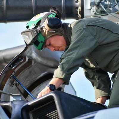 Maj. Brittany Fayos, Rotary Wing Division deputy and CH-53 pilot at Fleet Readiness Center East (FRCE), conducts a functional check flight inspection prior to the delivery of a recently overhauled CH-53 helicopter to the fleet. 
