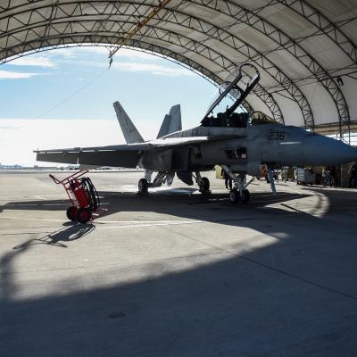 An SLM F/A-18 Super Hornet sits on the test line prior to send off