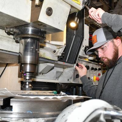 Ron Helms, a machinist at Fleet Readiness Center East’s Repair Machine Shop, drills out taper pins on an aircraft component. The Repair Machine Shop recently wrapped up a successful process improvement project which enhanced the depot’s ability to deliver parts, components, and aircraft to the warfighter. 