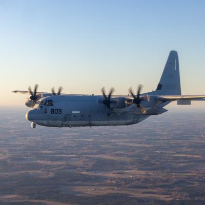 Side angle view of a KC-130J Super Hercules as it flies over Virginia