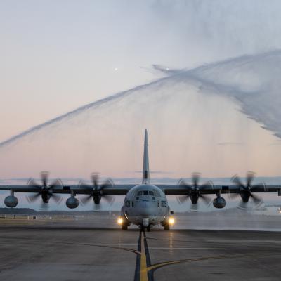 Front view of KC-130J Super Hercules as aircraft taxis down runway at Marine Corps Air Station Cherry Point, North Carolina