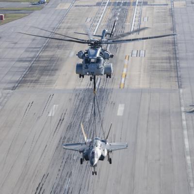 A non-flyable F-35C Lightning II airframe is flown as part of a CH-53K King Stallion external load certification lift Dec. 13, 2022, at Naval Air Station Patuxent River, Md. 