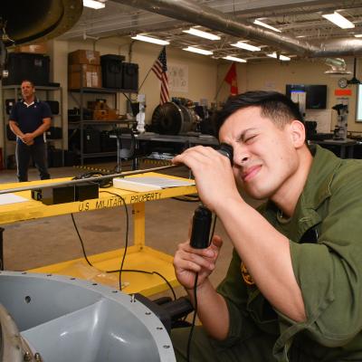 U.S. Marine Corps Lance Cpl. Jesus Hernandez, assigned to Marine Attack Squadron (VMA) 223, participates in a practical exercise as part of the F402 Engine Tier 5 Tier 5 Remote Visual Inspection (RVI) Inspector Rating certification course at Fleet Readiness Center East, Mar. 6, 2023.