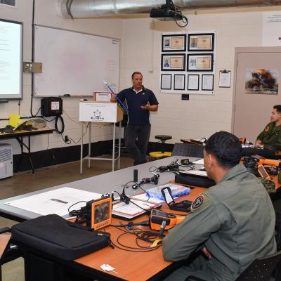 U.S. Marines assigned to Marine Attack Squadron (VMA) 223 engage in classroom discussion during the F402 Engine Tier 5 Remote Visual Inspection (RVI) Inspector Rating certification course at Fleet Readiness Center East, Mar. 6, 2023. 