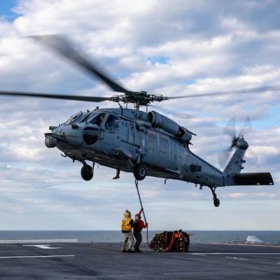 MH-60S Sea Hawk helicopter landing on USS Wasp May 2023