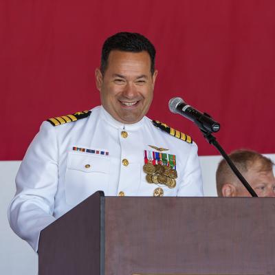 Capt. David Halpern speaks after relieving Capt. Ryan Bryla as commodore of Naval Test Wing Pacific in a July 14 ceremony in China Lake, California. (U.S. Navy photo by Rob Grabendike)