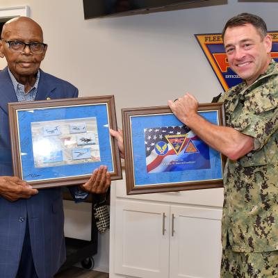Fleet Readiness Center East (FRCE) Commanding Officer Capt. James M. Belmont recognized Freddie Dawkins, a pneudraulics systems mechanic at the depot, during a retirement ceremony honoring Dawkins’ 70 years of combined military and civilian service.
