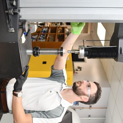 Latane Mason, a materials engineer at Fleet Readiness Center East’s (FRCE) Materials Engineering Division, tests a piece of metal using a macro hardness tester. The Materials Engineering Division utilizes state of the art laboratory equipment to perform research, testing and evaluation activities as well as to develop and continually improve the processes in use within FRCE.