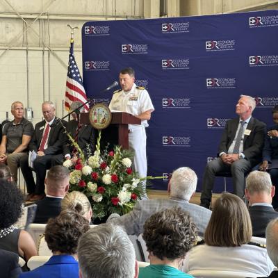 Fleet Readiness Center East (FRCE) Commanding Officer Capt. James Belmont delivers remarks during the groundbreaking ceremony at the North Carolina Global TransPark in Kinston, North Carolina June 25. This innovative partnership between the state of North Carolina and FRCE is the first of its kind within the Department of the Navy. 