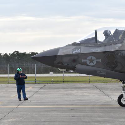 An F-35 Lightning II begins a functional check flight inspection at Marine Corps Air Station Cherry Point. This aircraft is the 150th fifth-generation fighter inducted by Fleet Readiness Center East (FRCE). 