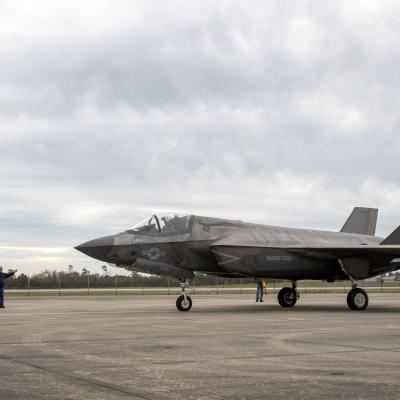 An F-35 Lightning II begins a functional check flight inspection at Marine Corps Air Station Cherry Point. This aircraft is the 150th fifth-generation fighter inducted by Fleet Readiness Center East (FRCE). FRCE is the lead site for depot-level maintenance on the F-35B Lightning II and has conducted modifications and repair on the Marine Corps’ short takeoff-vertical landing variant of the aircraft since 2013. 