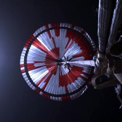 Perseverance's parachute deploys during its Feb. 18 landing on Mars