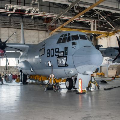 C-130 aircraft with 809 painted on front side
