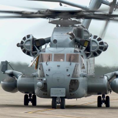 CH-53E helicopter taxing on runway