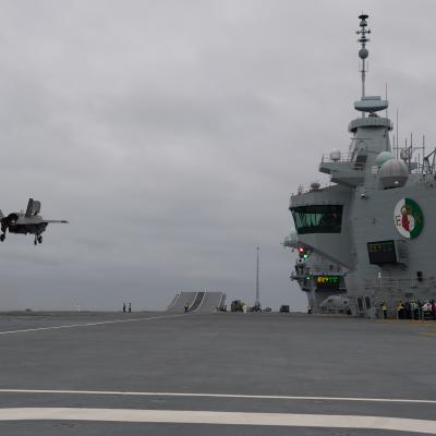 An F-35B prepares to land aboard HMS Queen Elizabeth