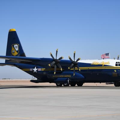 Blue Angels C-130 Fat Albert on a Runway with Blue Skies