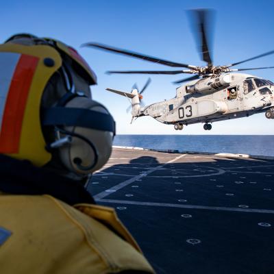 CH-53K Takes Flight from Ship Deck During Sea Trials 2023