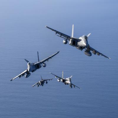 EA-18G, AV-8B Harrier II+, and F/A-18E formation