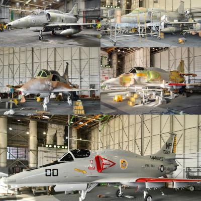 Collage of 5 photos of the aircraft throughout the refinishing process 