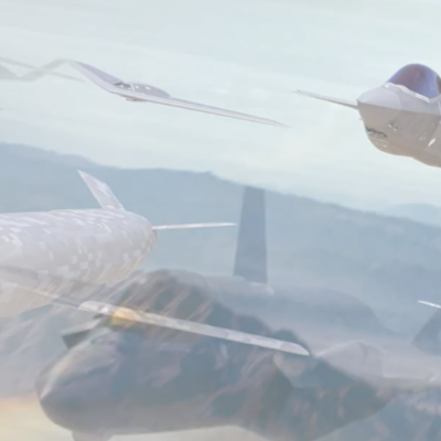 A graphic depicts an F-35 Lightning II operating alongside unmanned aircraft to illustrate the systems' integration.