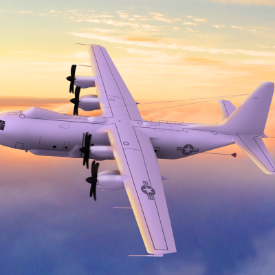 Rendering of C-130J-30 aircraft flying